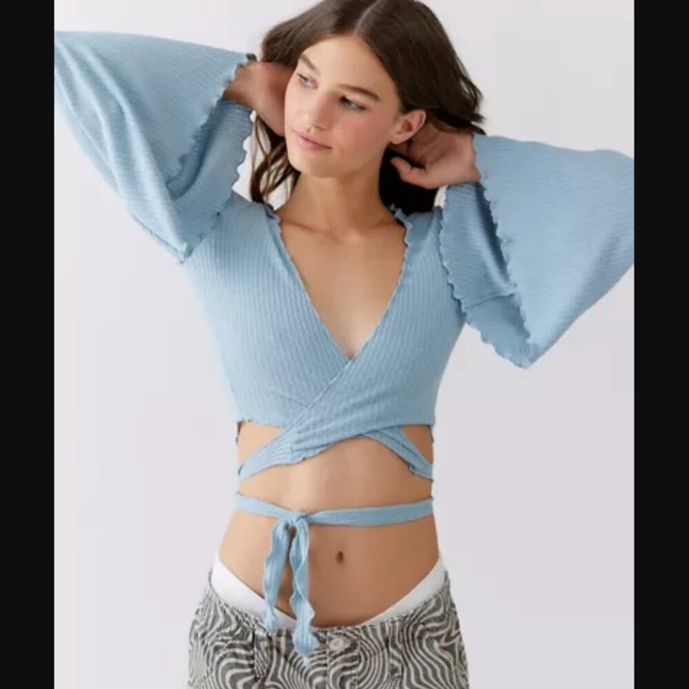 🧊🩵 UO Daisy Ribbed Tie-front Top In Slate - Size Small 🧊🩵 - Picture 6 of 6